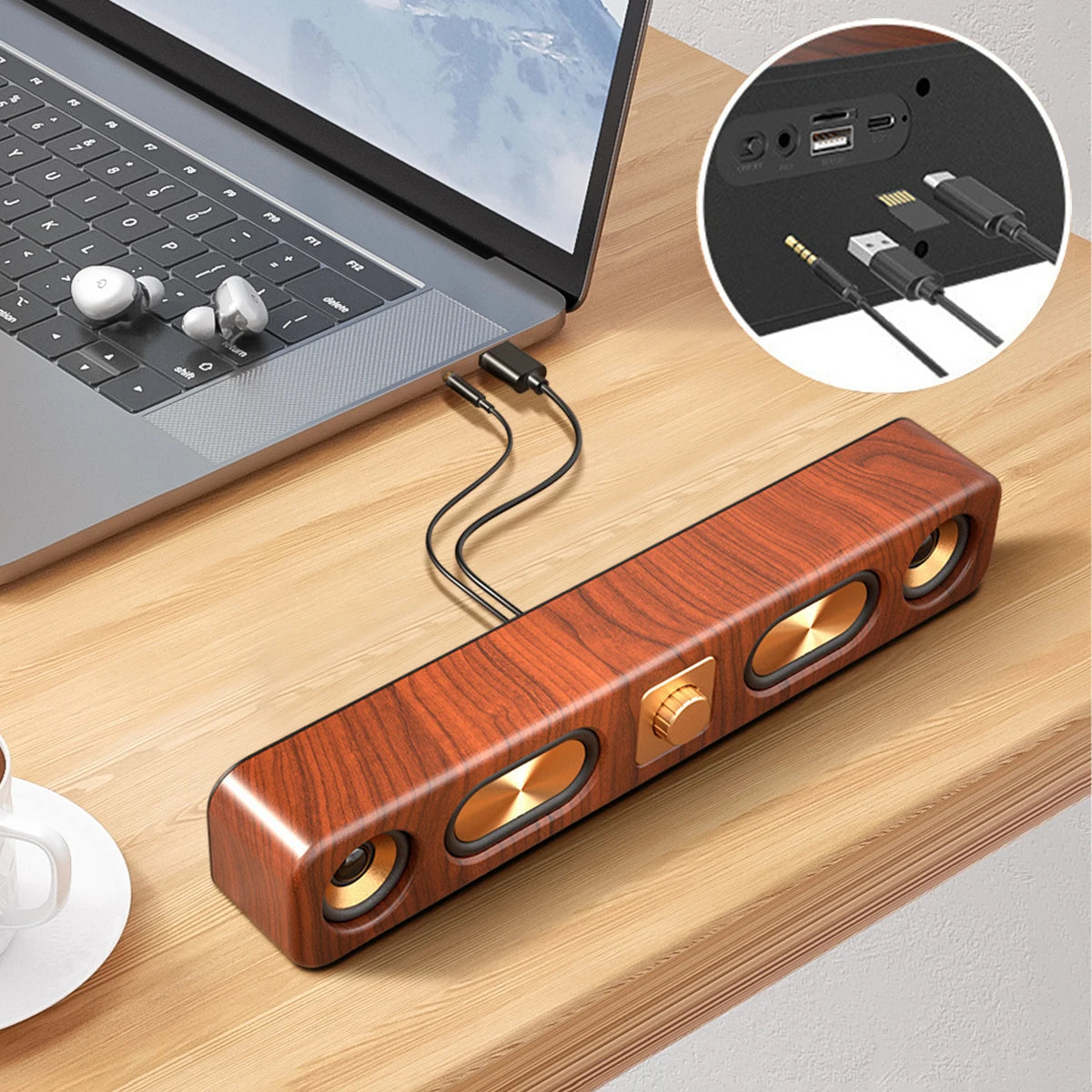 Wooden USB hub on a desk with laptop and coffee cup, close-up of ports inset.