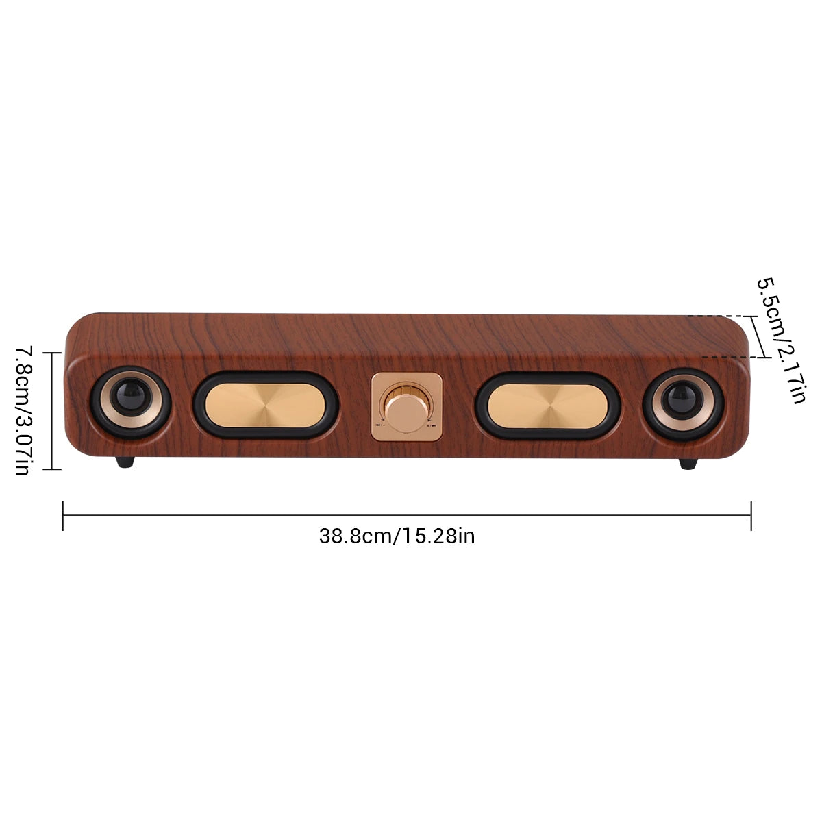 Wooden electronic device with control buttons and dimensions on a white background