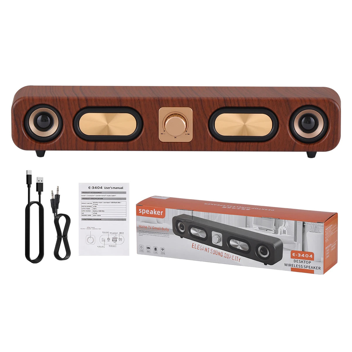 Wooden speaker with cables, user manual, and packaging on a white background