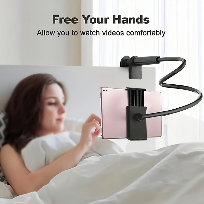 Woman in bed using a phone holder with text 'Free Your Hands' and 'Allow you to watch videos comfortably'.