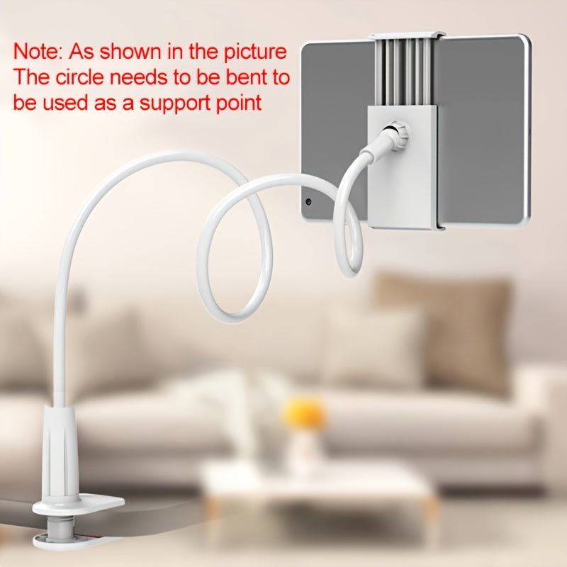 White flexible arm mount with a wall bracket in a living room setting.
