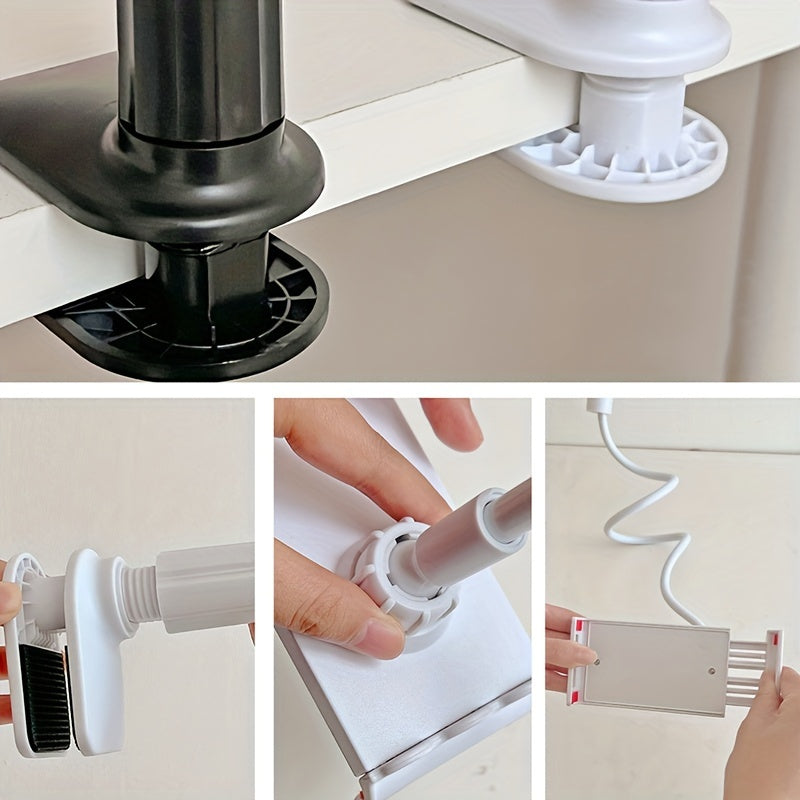 Collage of a black and white plastic device with various attachments on a neutral background.