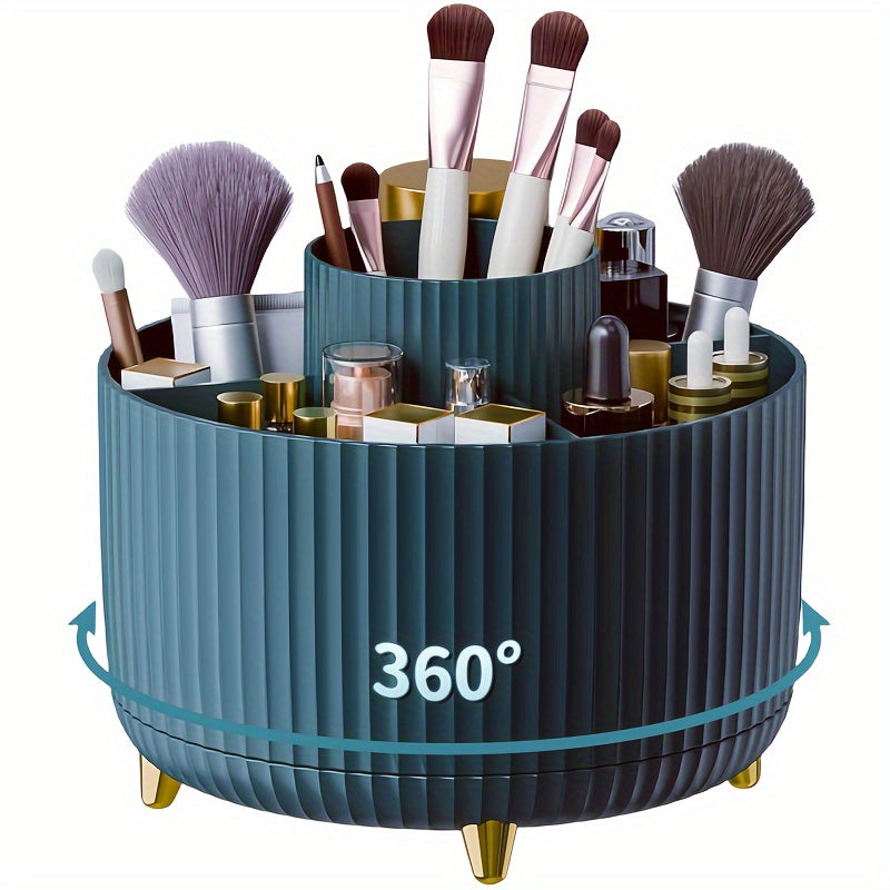 Blue cylindrical makeup organizer with various brushes and products on a white background