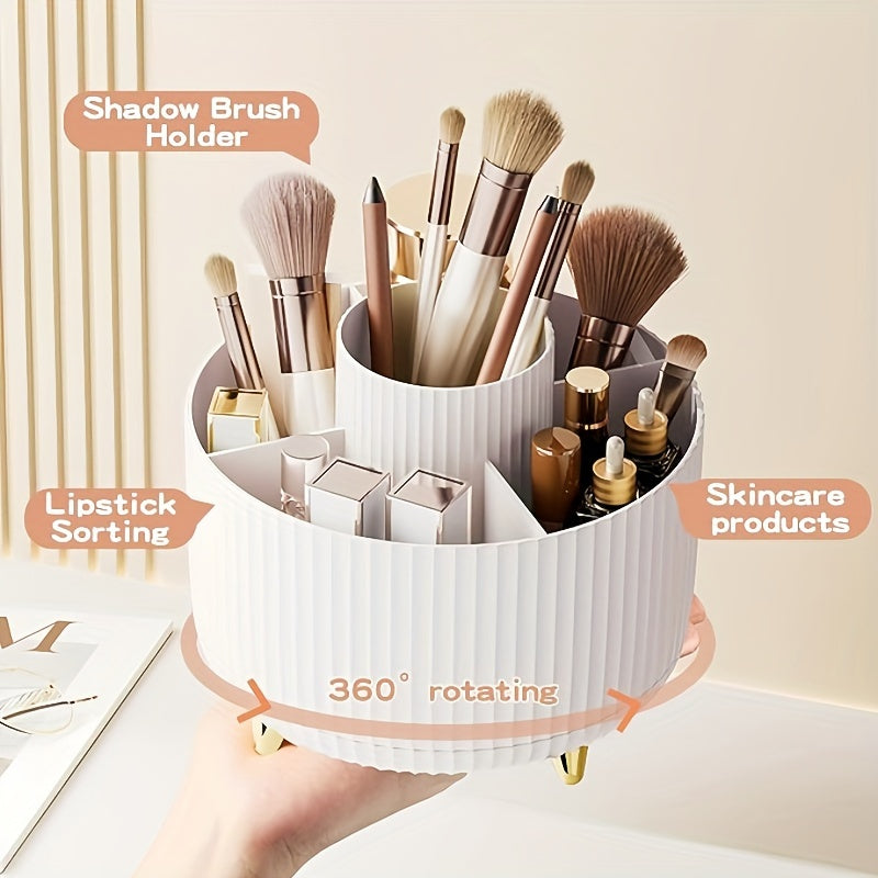 360-degree rotating makeup organizer with brushes, lipsticks, and skincare products.