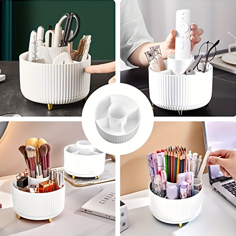 White cylindrical organizer with various items on a desk