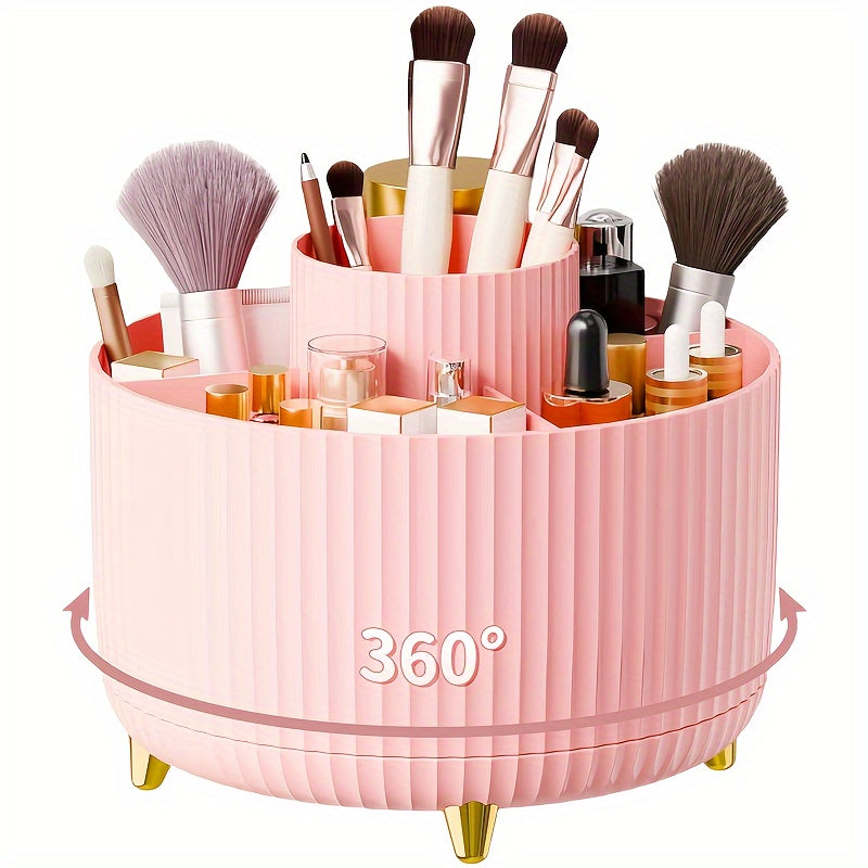 Pink makeup organizer with rotating feature holding various brushes and bottles on a white background