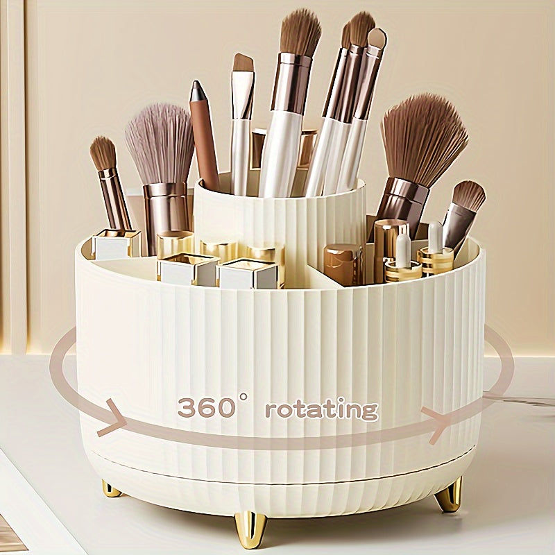 White rotating makeup brush holder with various brushes on a light background