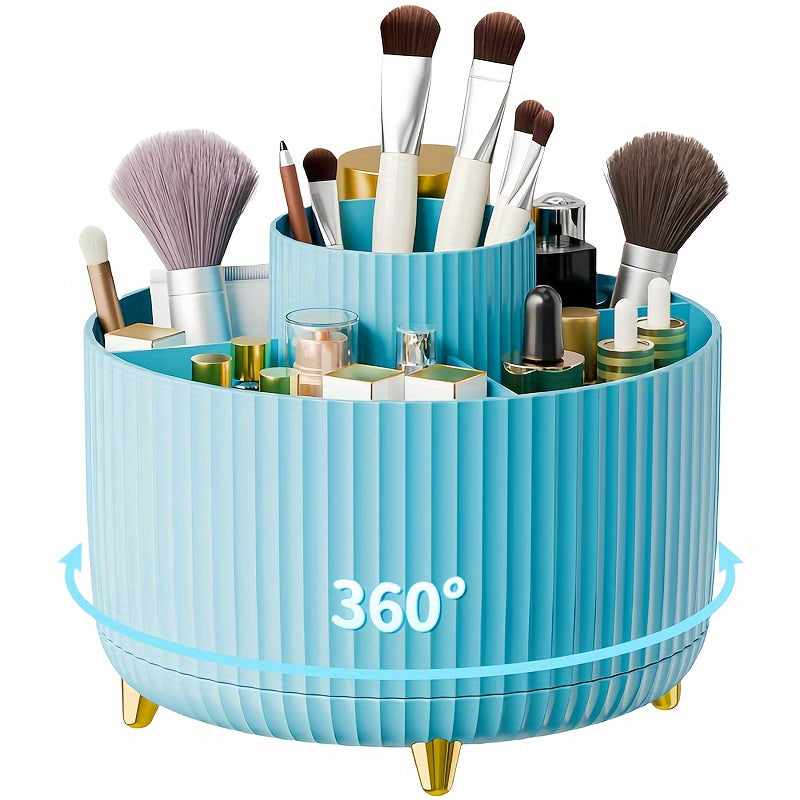 Blue makeup organizer with various brushes and products on a white background