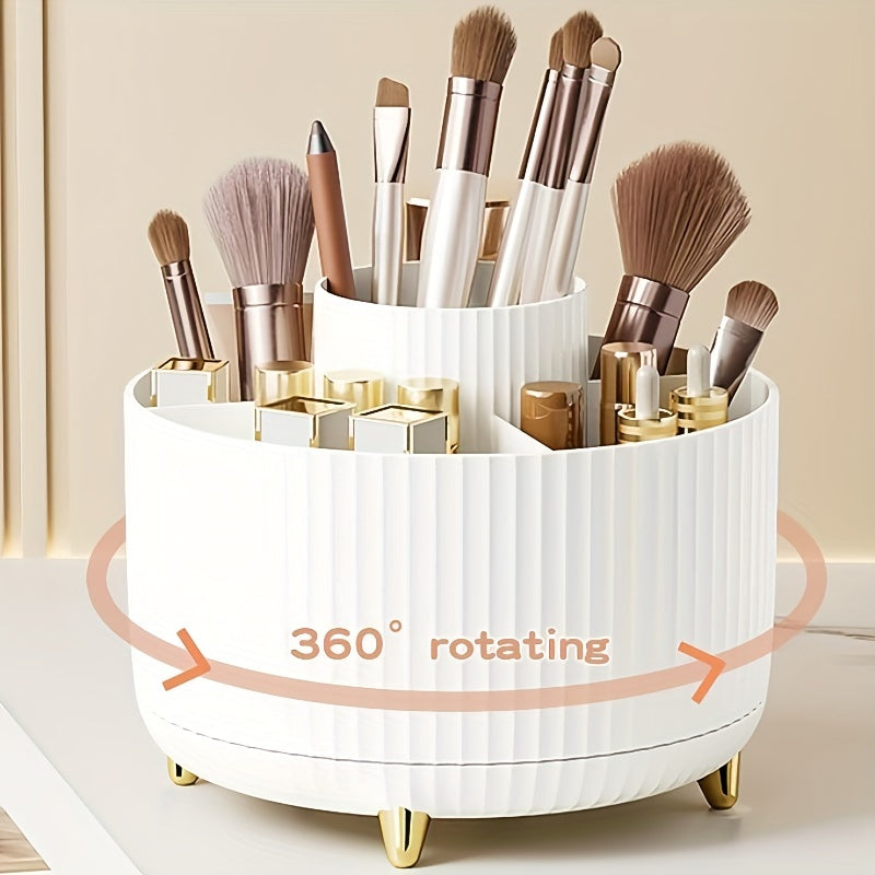 White rotating makeup brush holder with various brushes on a beige background