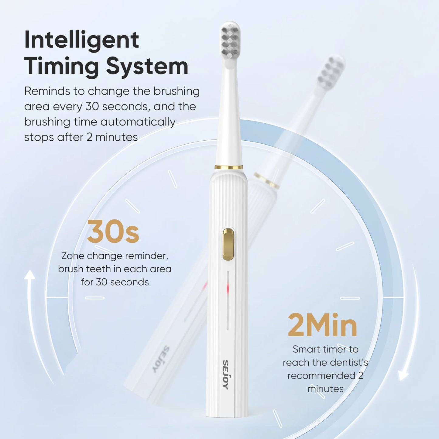 Electric toothbrush with timing system features on a light blue background