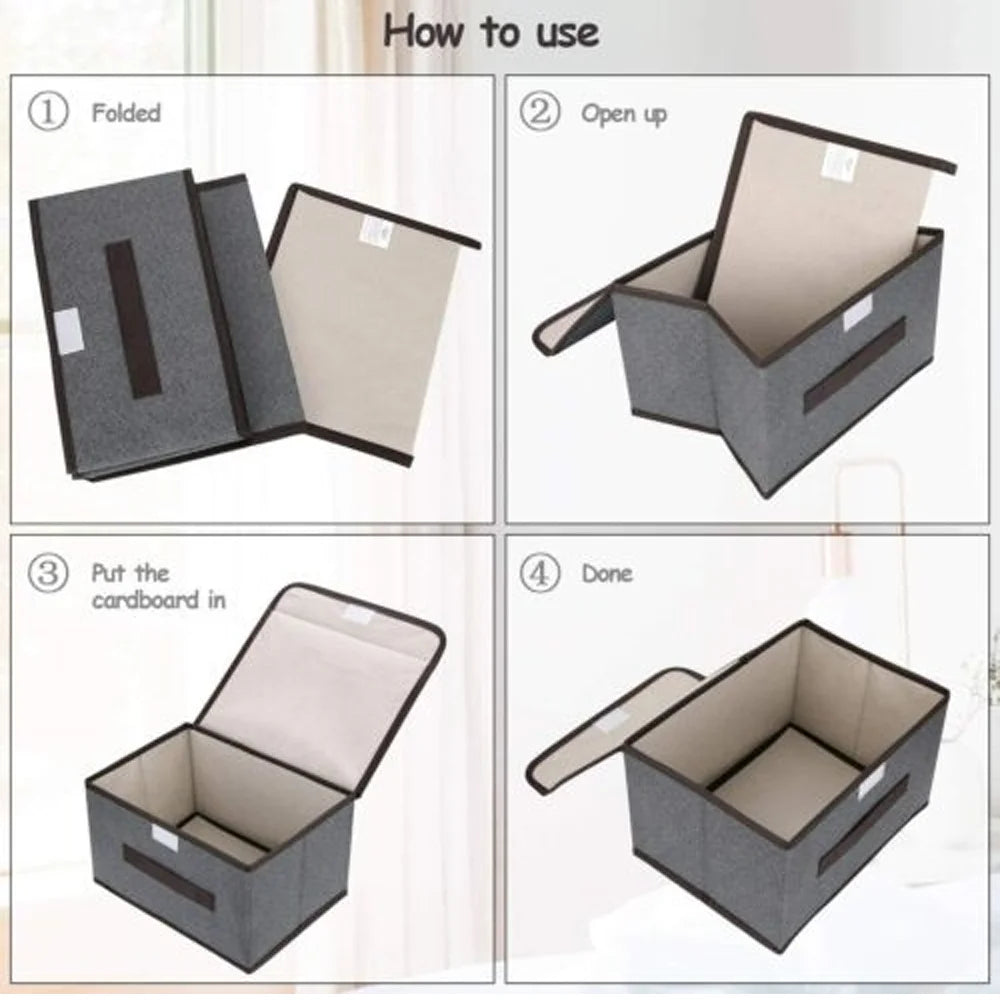 Step-by-step guide on how to use a folded storage box, open it up, put a cardboard in, and then close it.