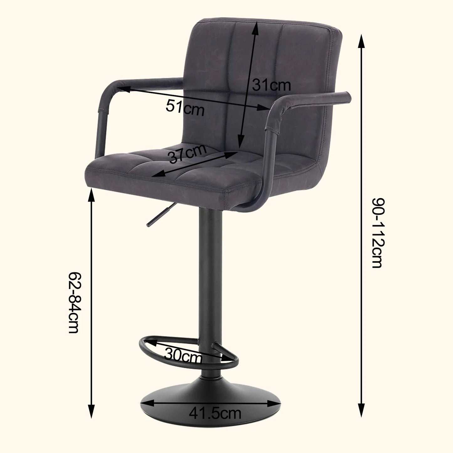 Gray bar stool with dimensions marked on a white background