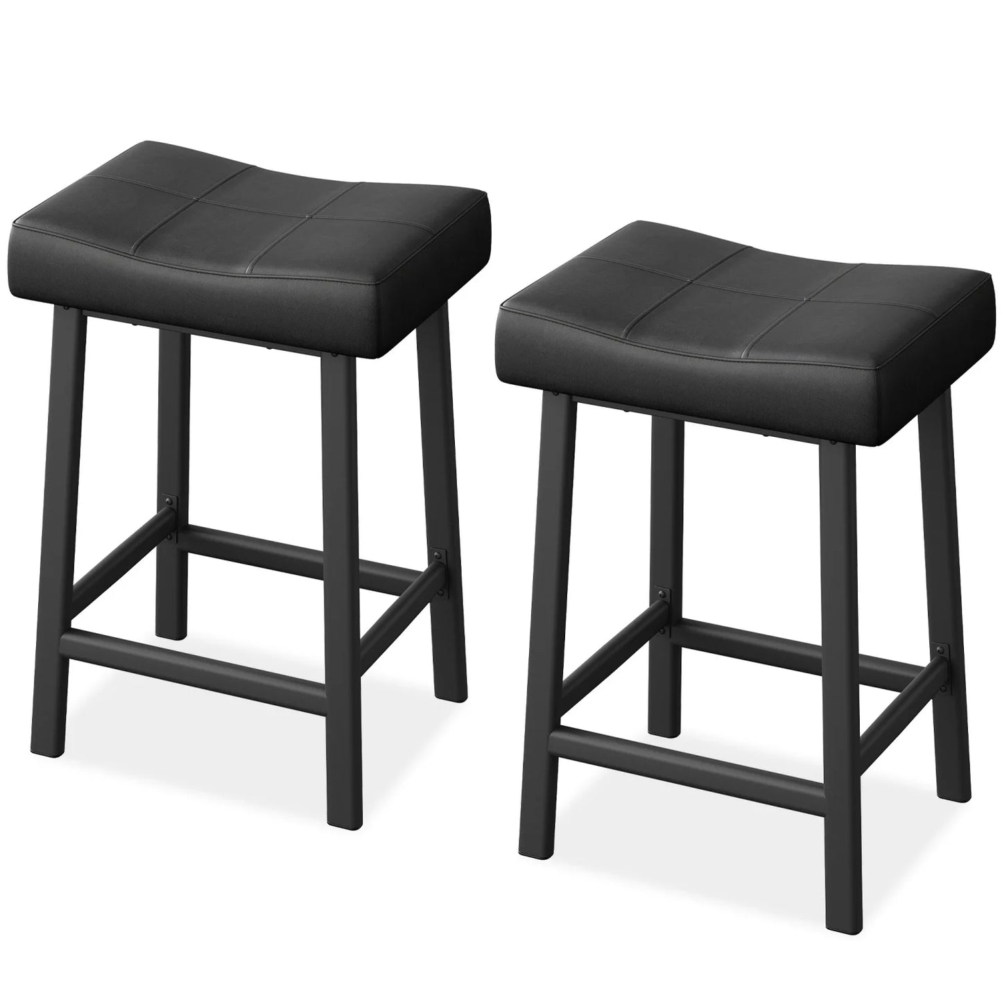 Two black bar stools on a white background