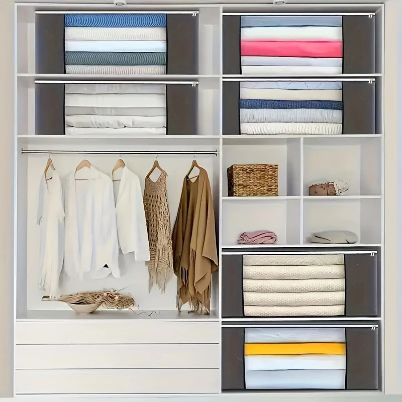 Organized closet with clothes, bags, and baskets on shelves.