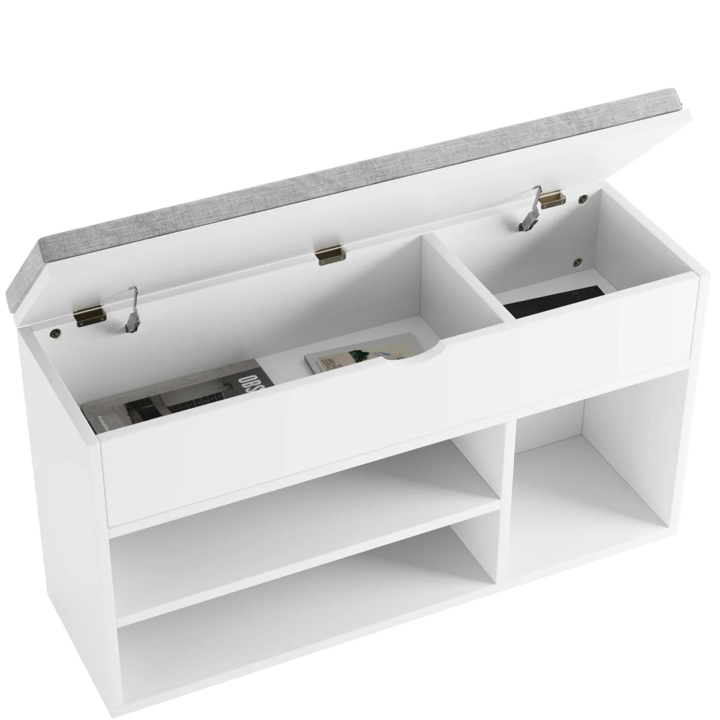 White storage bench with open lid revealing compartments on a white background