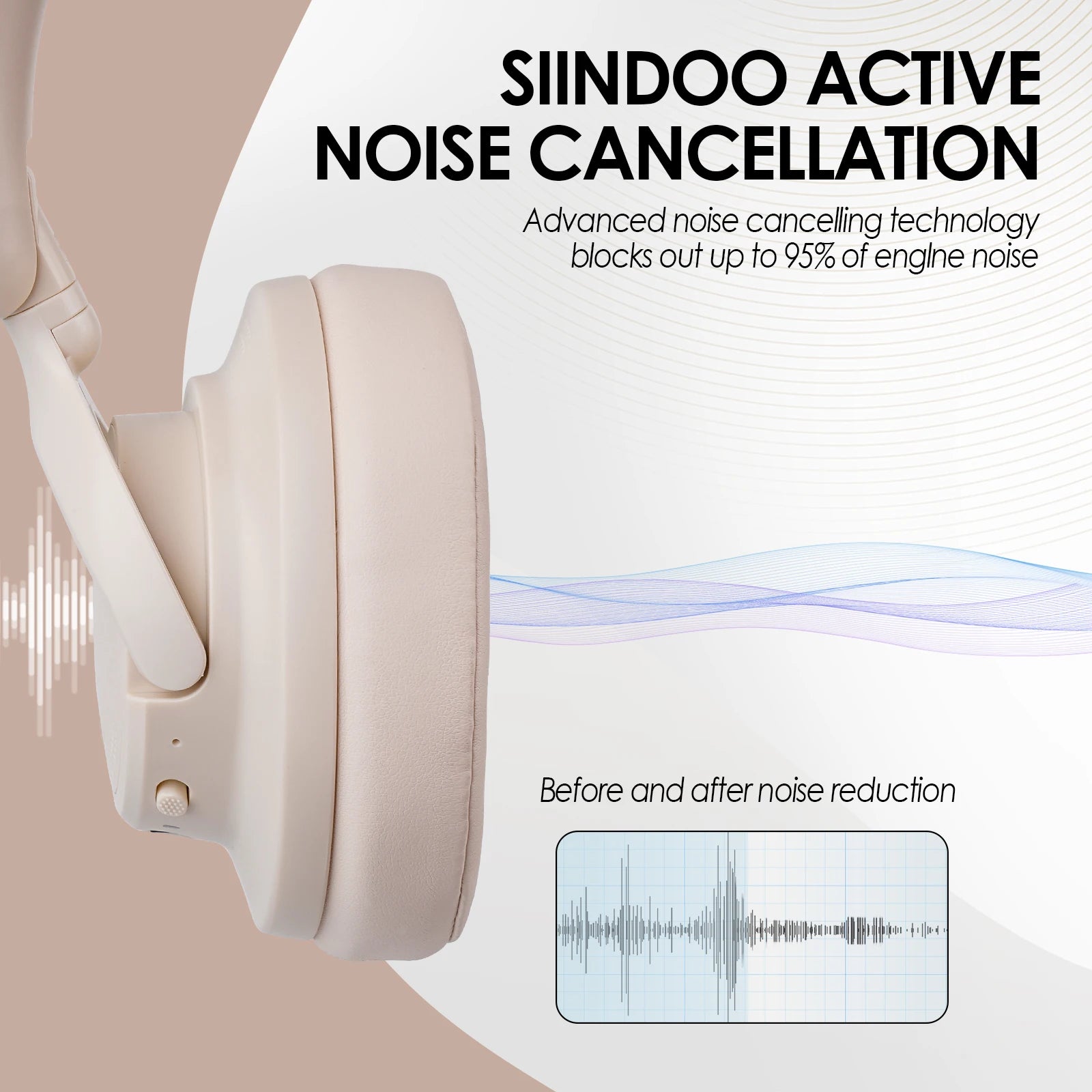 Headphones with active noise cancellation technology displayed on a white background