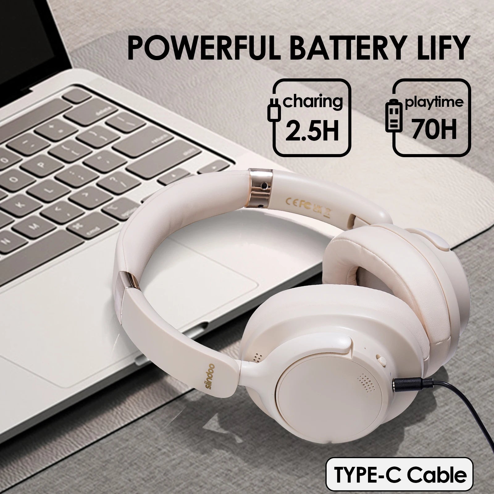 White headphones with a laptop on a gray surface, highlighting battery life and charging time.