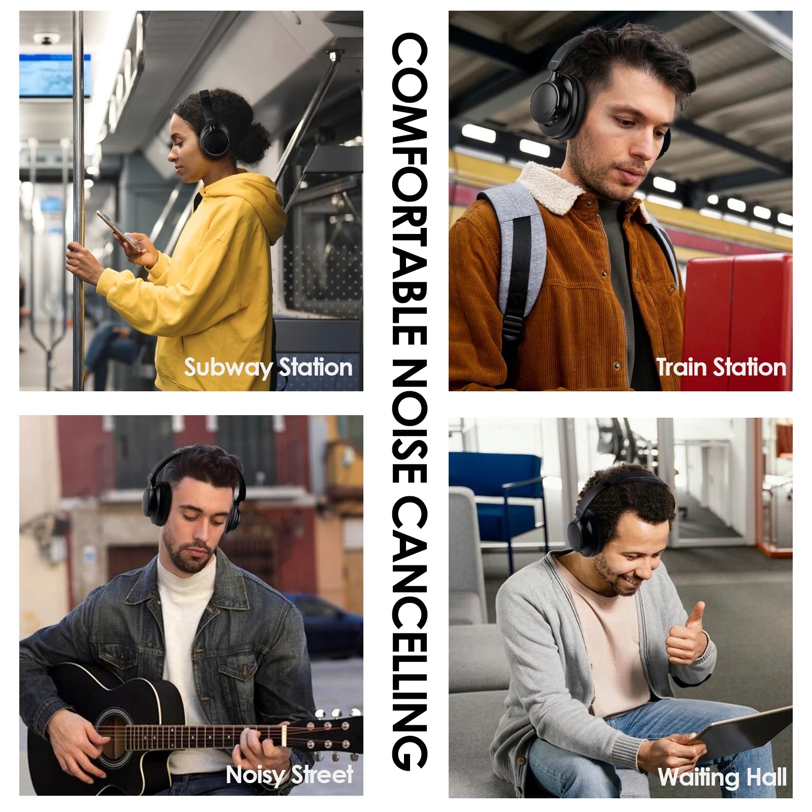 Four scenarios showing people wearing headphones in different settings with text indicating locations.