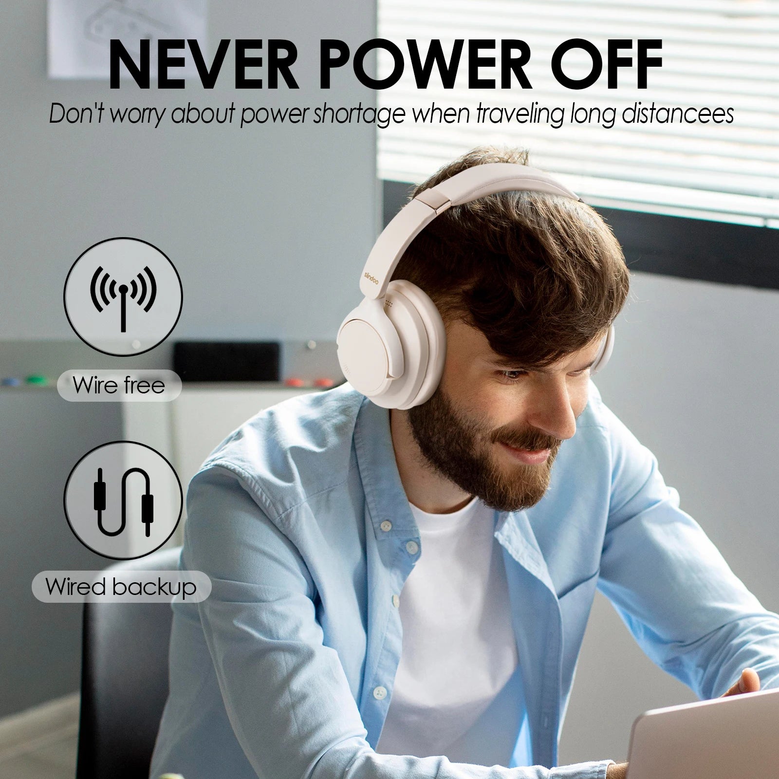 Man wearing headphones using a laptop with text about power management.