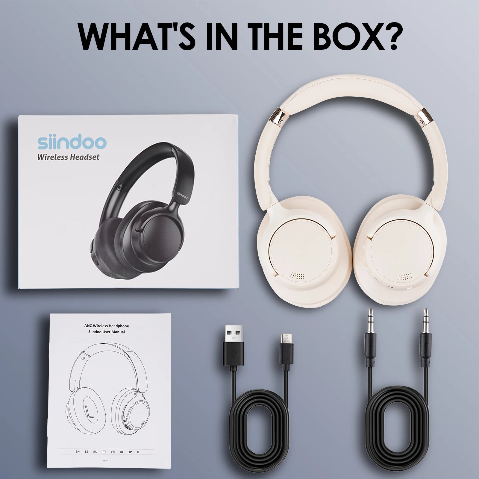 Slendoo wireless headset with packaging, cables, and manuals on a gray background