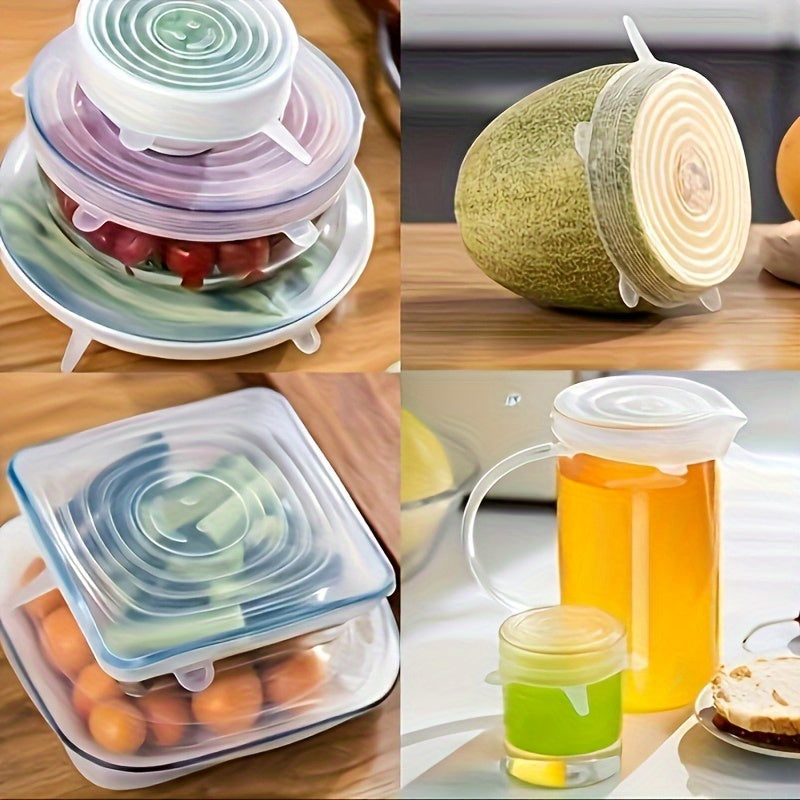 Collage of silicone food covers in various shapes and uses on a kitchen counter.