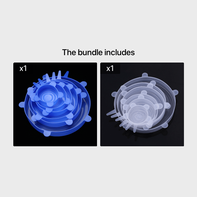 Two silicone lid seal products, one blue and one clear, on a light gray background.