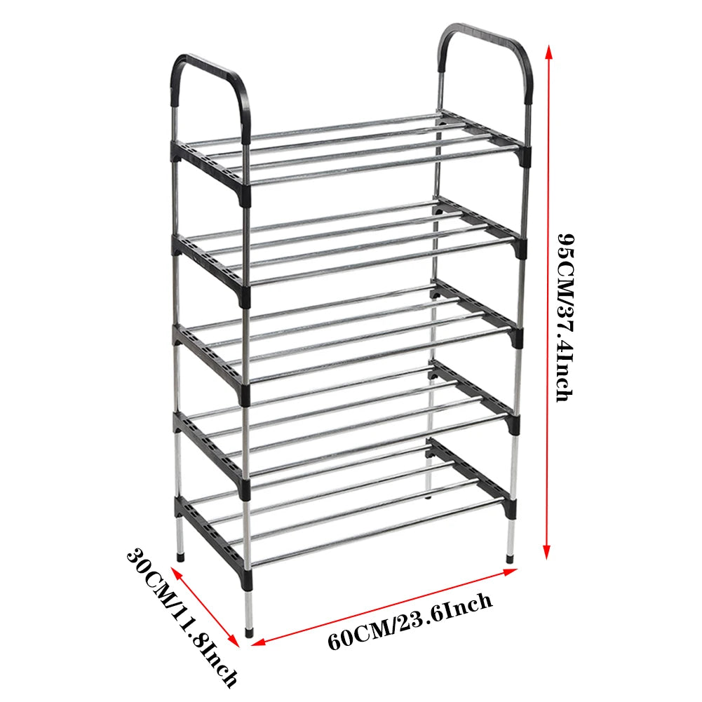 5-tier metal shoe rack with dimensions on a white background