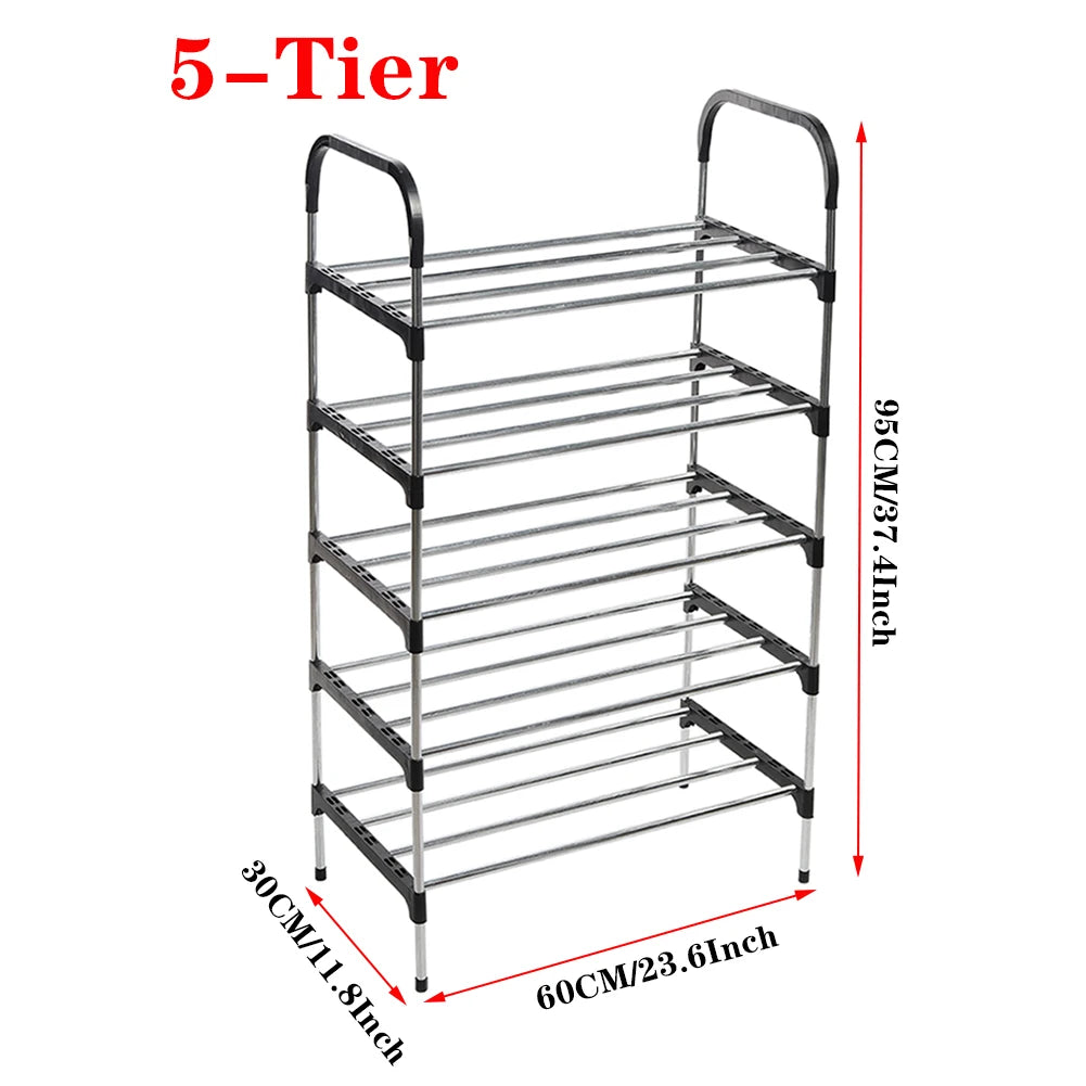 5-tier shoe rack with dimensions on a white background