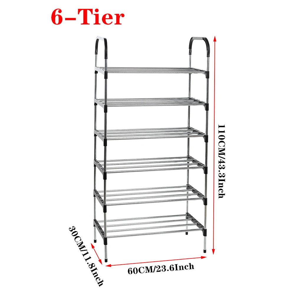 6-tier metal shoe rack with dimensions on a white background