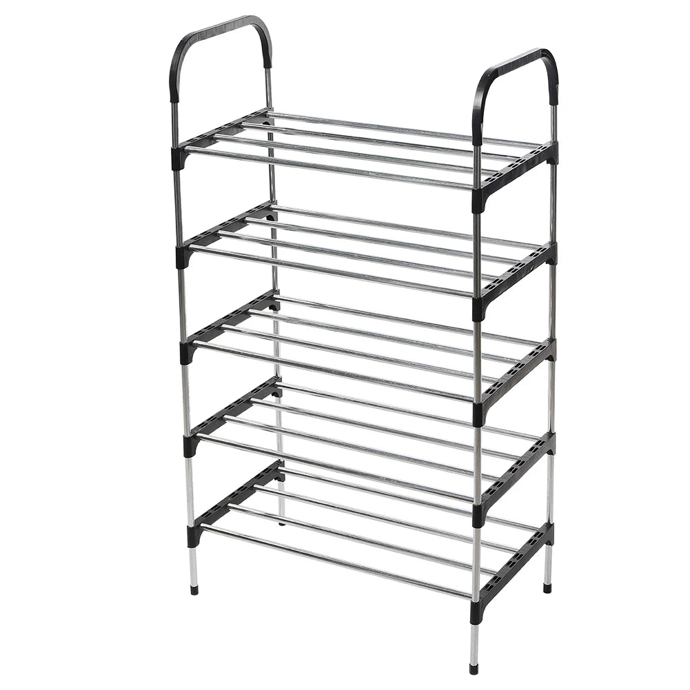 Metal shoe rack with multiple tiers on a white background
