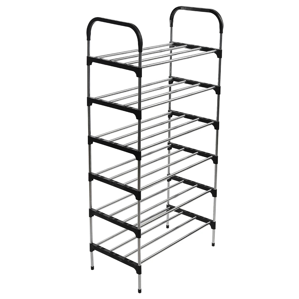 Black and silver shoe rack with multiple tiers on a white background