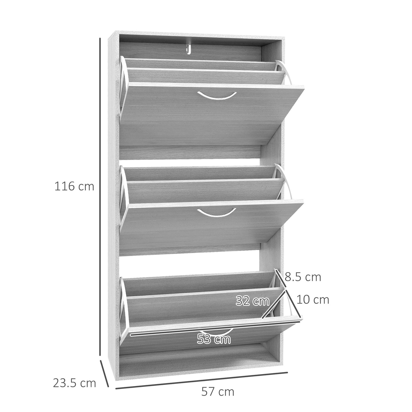 Gray shoe rack with dimensions labeled on a white background