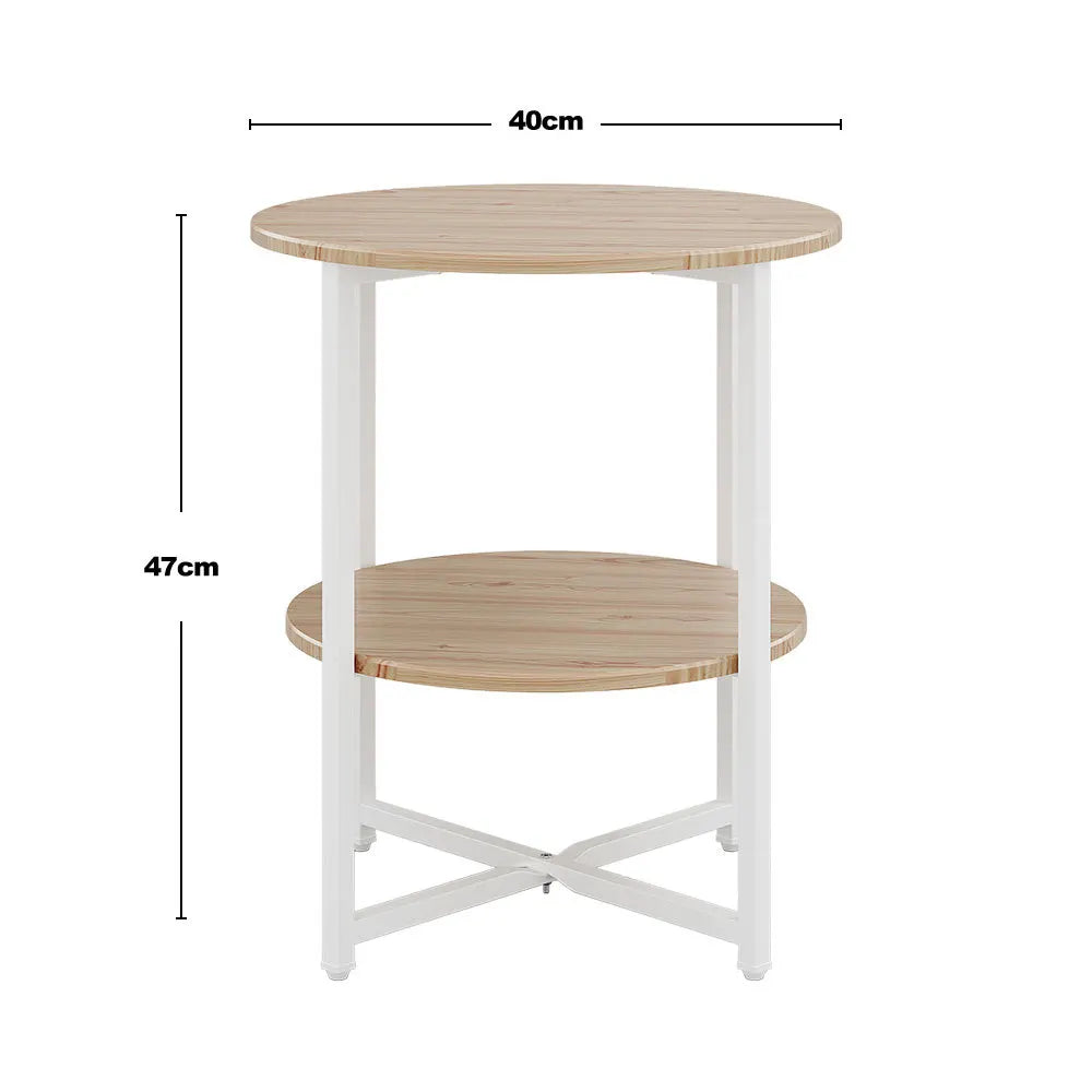 Small round table with two shelves, white frame, and wooden shelves, with dimensions indicated.