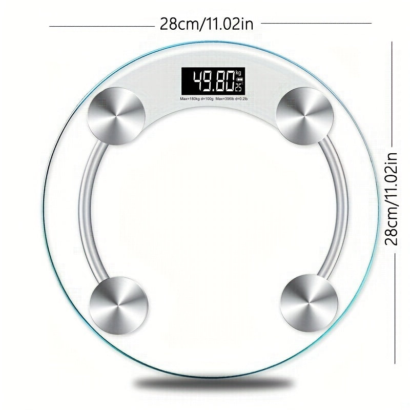 Digital glass bathroom scale with silver accents and measurement details on a white background