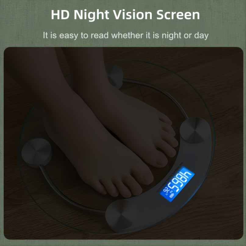 Digital scale with a person's feet on it, displaying weight, on a wooden floor.