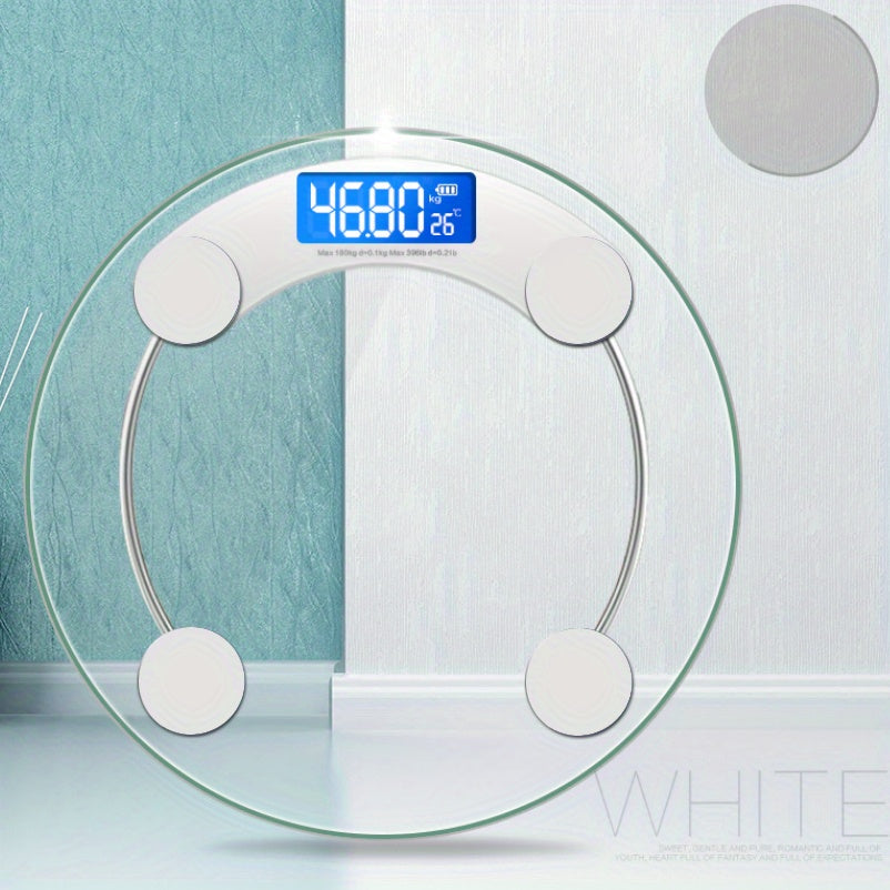 Digital glass bathroom scale on a light blue and white background