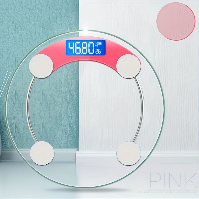 Digital glass bathroom scale with pink border on a light blue and white background
