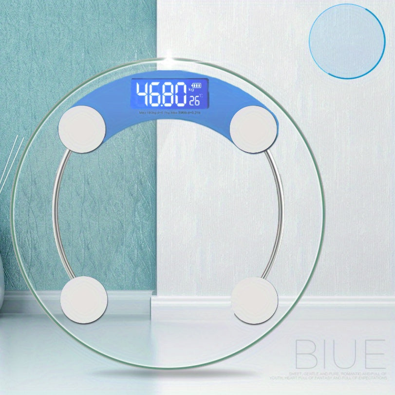 Digital bathroom scale with blue display on a light blue background