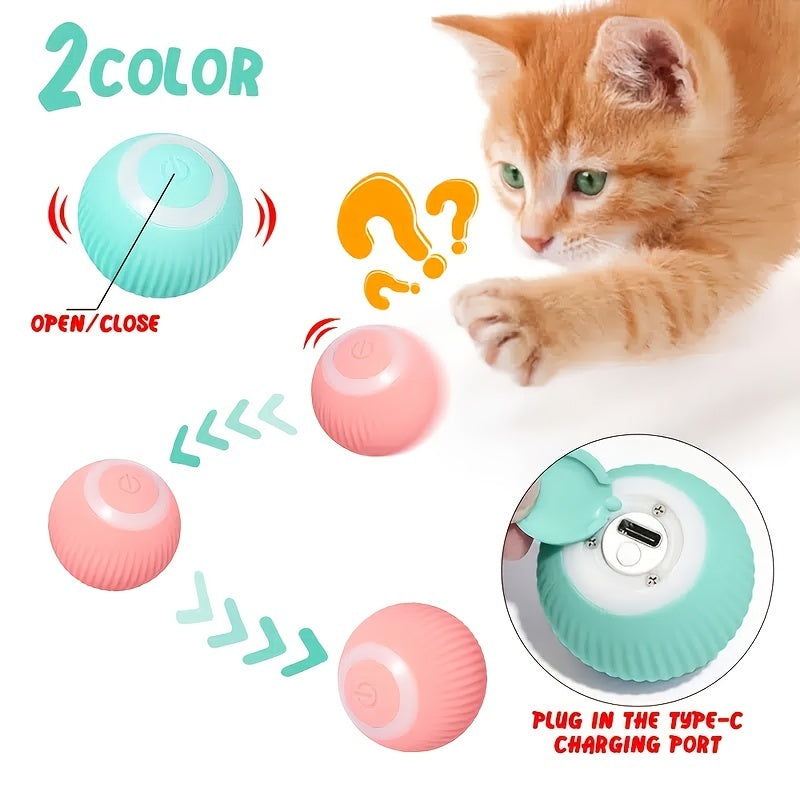 Cat playing with a colorful toy, with text indicating two color options and charging information.
