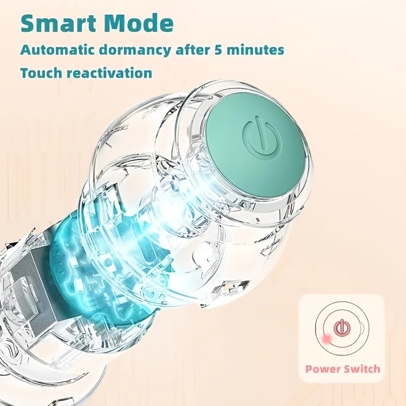 Clear electronic device with green button and blue interior on a beige background, featuring text about smart mode and power switch.
