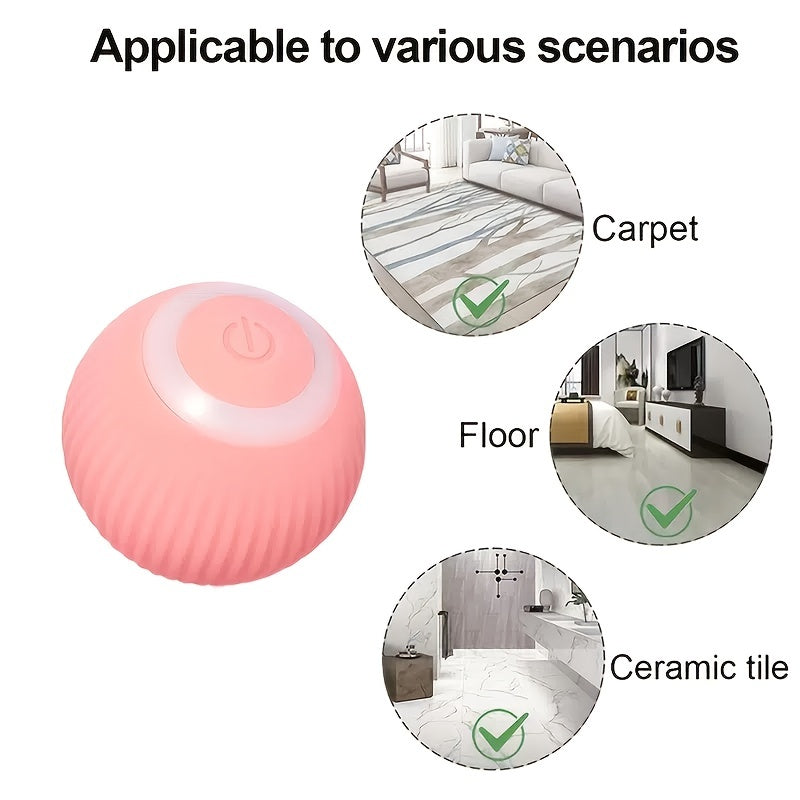 Pink cleaning ball with images of carpet, floor, and ceramic tile indicating its applicability.