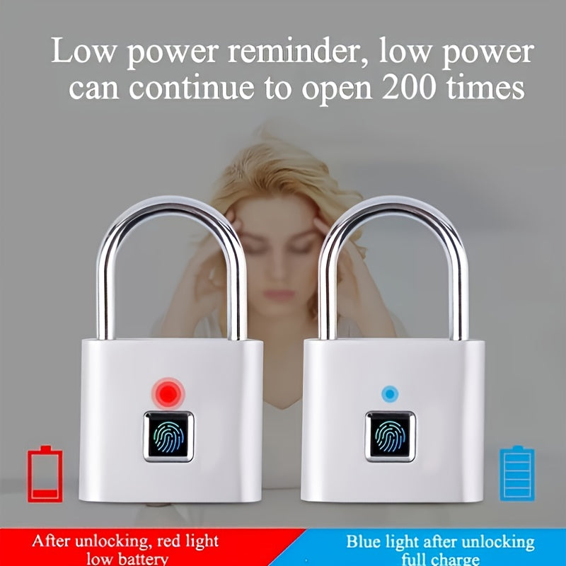 Fingerprint locks with battery status indicators and text about power reminder and unlocking processes.