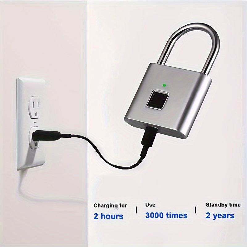 Silver electronic padlock charging from a wall outlet with text on features.