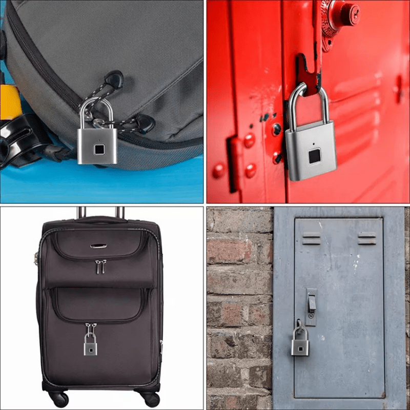 Collage of a padlock on various objects including a bag, door, suitcase, and wall.
