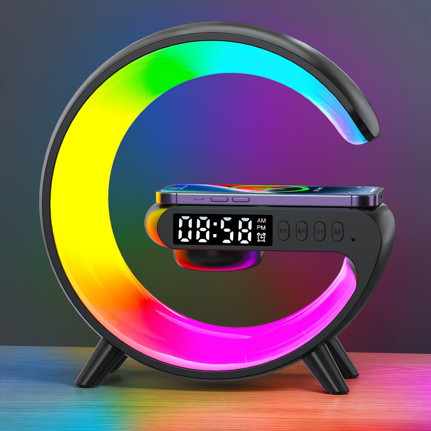 Colorful LED lamp with digital clock on a gradient background