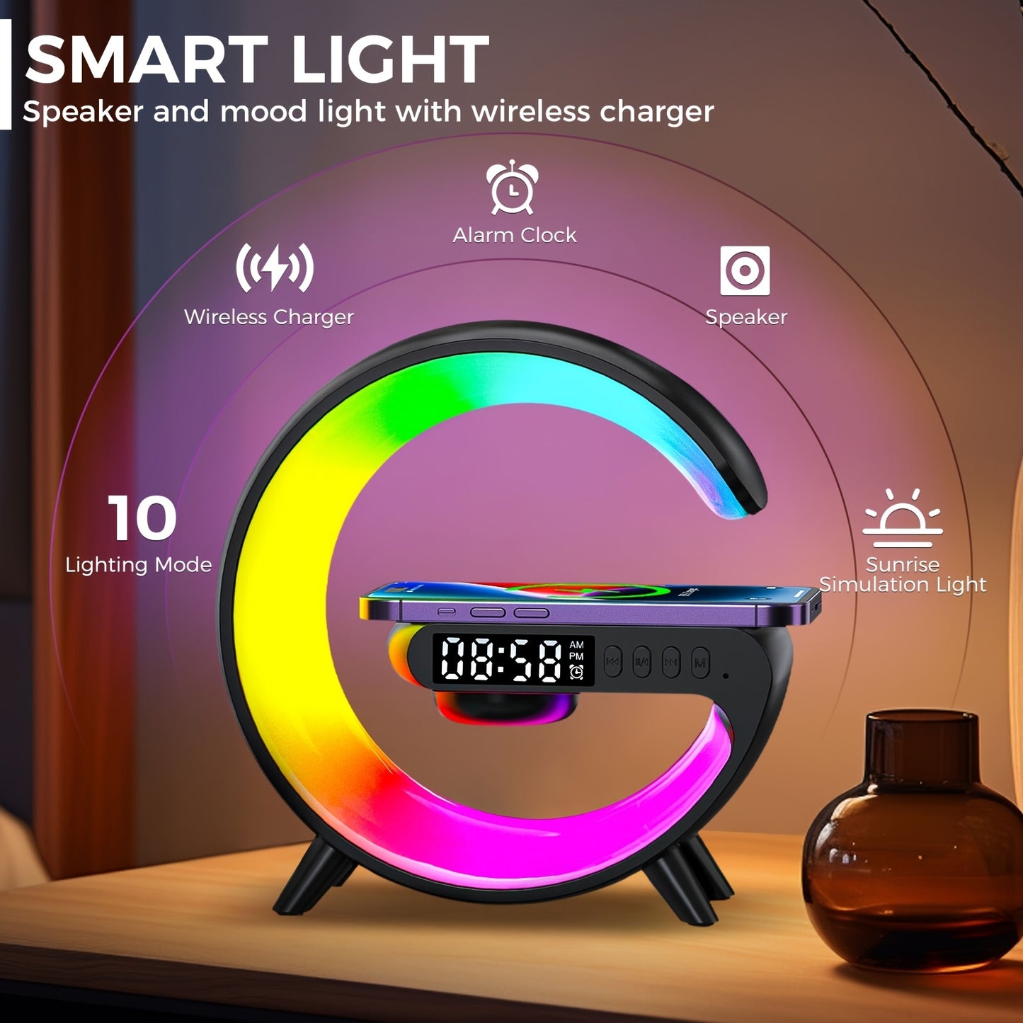 Smart light with colorful display, alarm clock, wireless charger, and speaker features on a wooden surface.