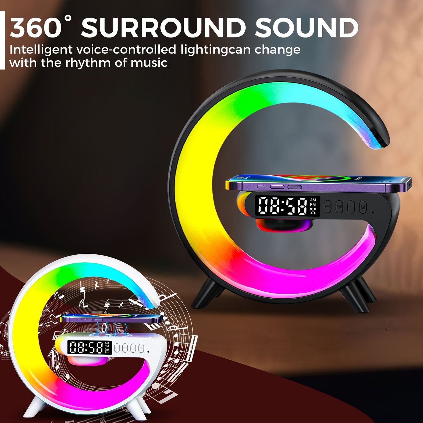 Colorful LED clock with 360-degree surround sound and voice control on a dark background