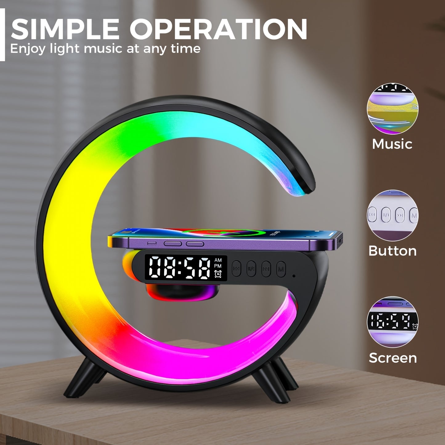 Colorful circular light with digital display on a wooden surface, featuring text 'Simple Operation' and icons for music, button, and screen.
