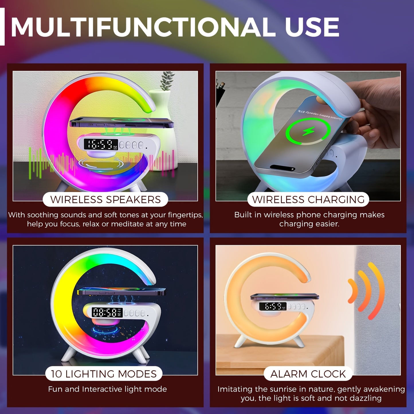 Multifunctional device with wireless speakers, charging, lighting modes, and alarm clock features.