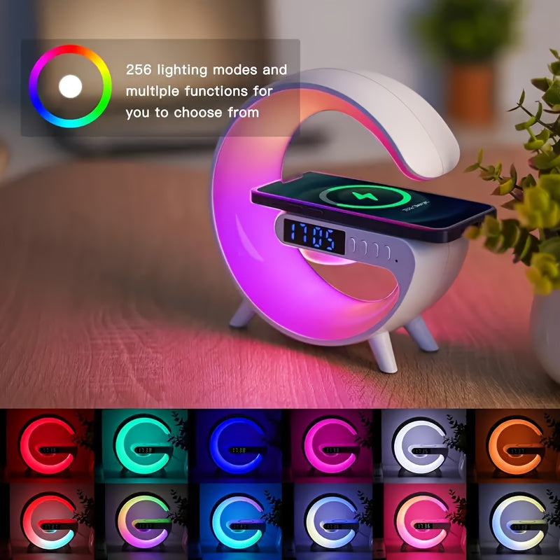 Multifunctional device with LED display and smartphone charging pad, surrounded by colorful light effects.